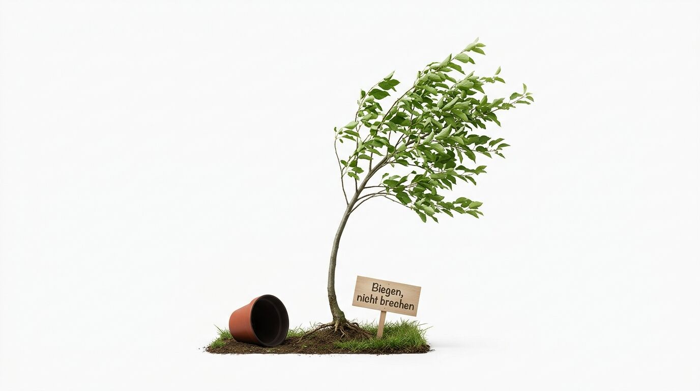 Gebogener Baum, umgestürzter Topf und Schild