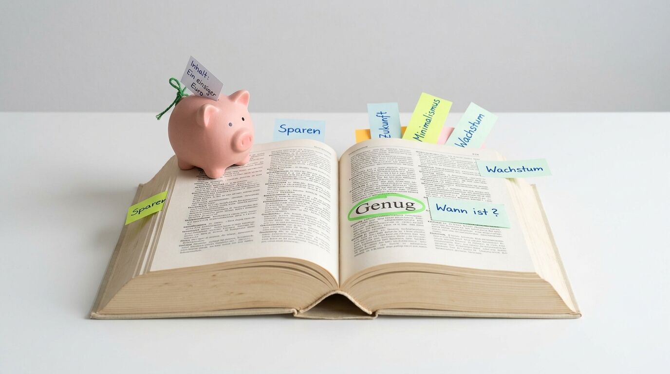 Ein offenes Buch mit Sparschwein und bunten Notizen wie
