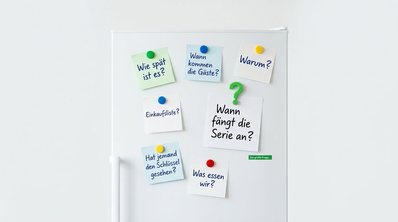 Weißer Kühlschrank mit Notizblättern, Magneten und deutschen Fragen, darunter „Die große Frage“