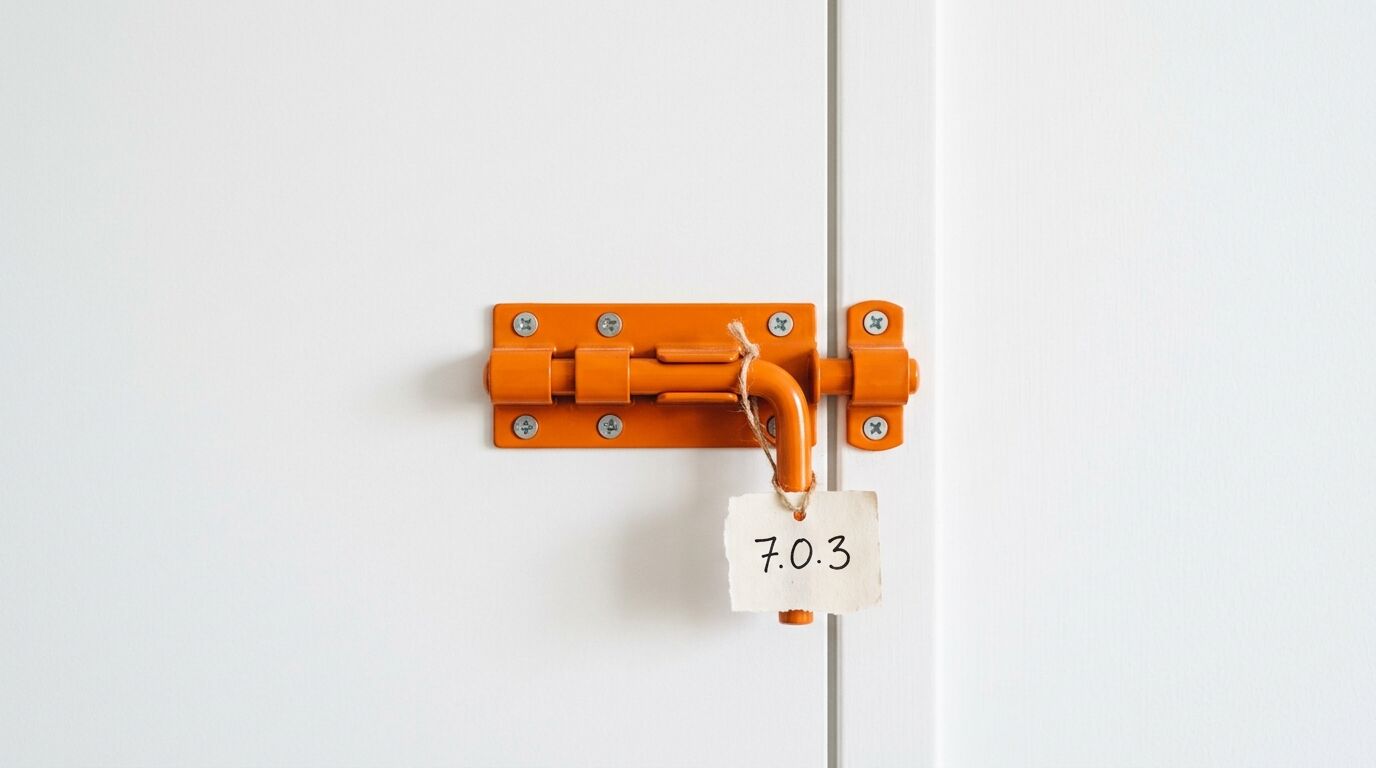 Ein orangefarbener Riegel an einer weißen Tür mit einem Anhänger mit der Nummer 7.0.3