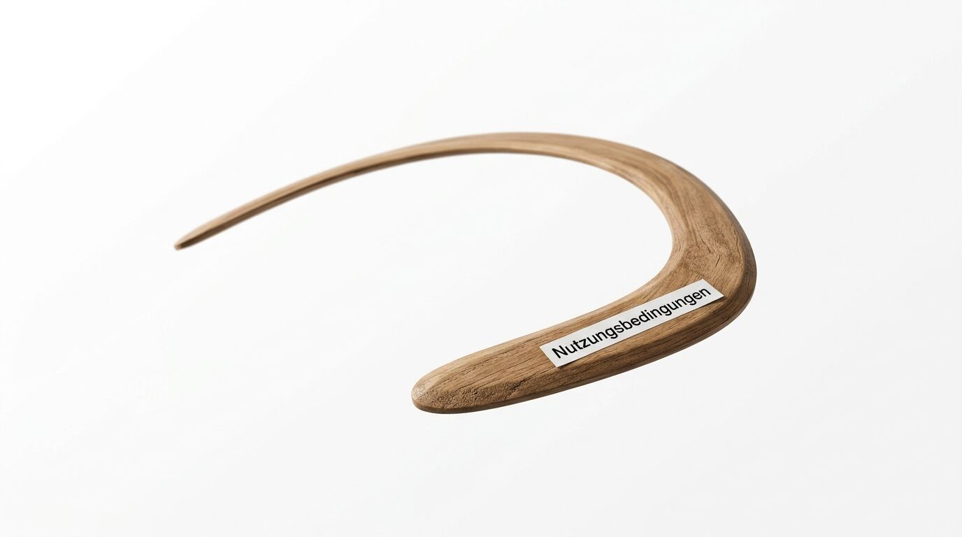 Ein Bumerang aus Holz mit Aufschrift „Nutzungsbedingungen“ auf weißem Hintergrund