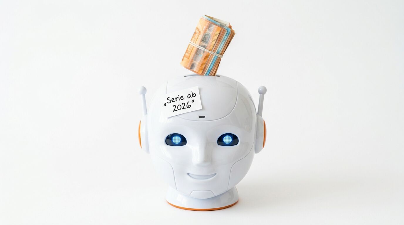 Ein weißer Roboterkopf mit blau leuchtenden Augen hat oben einen Geldscheinbündel-Einsatz. Auf der Stirn ein Zettel: