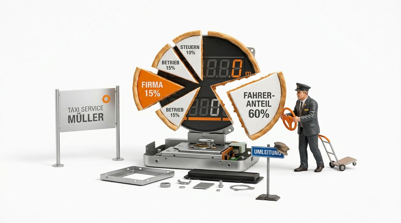 Zerlegtes Taxameter mit Kuchendiagramm-Tortenstücken, Minifigur eines Fahrers und Hinweisschildern