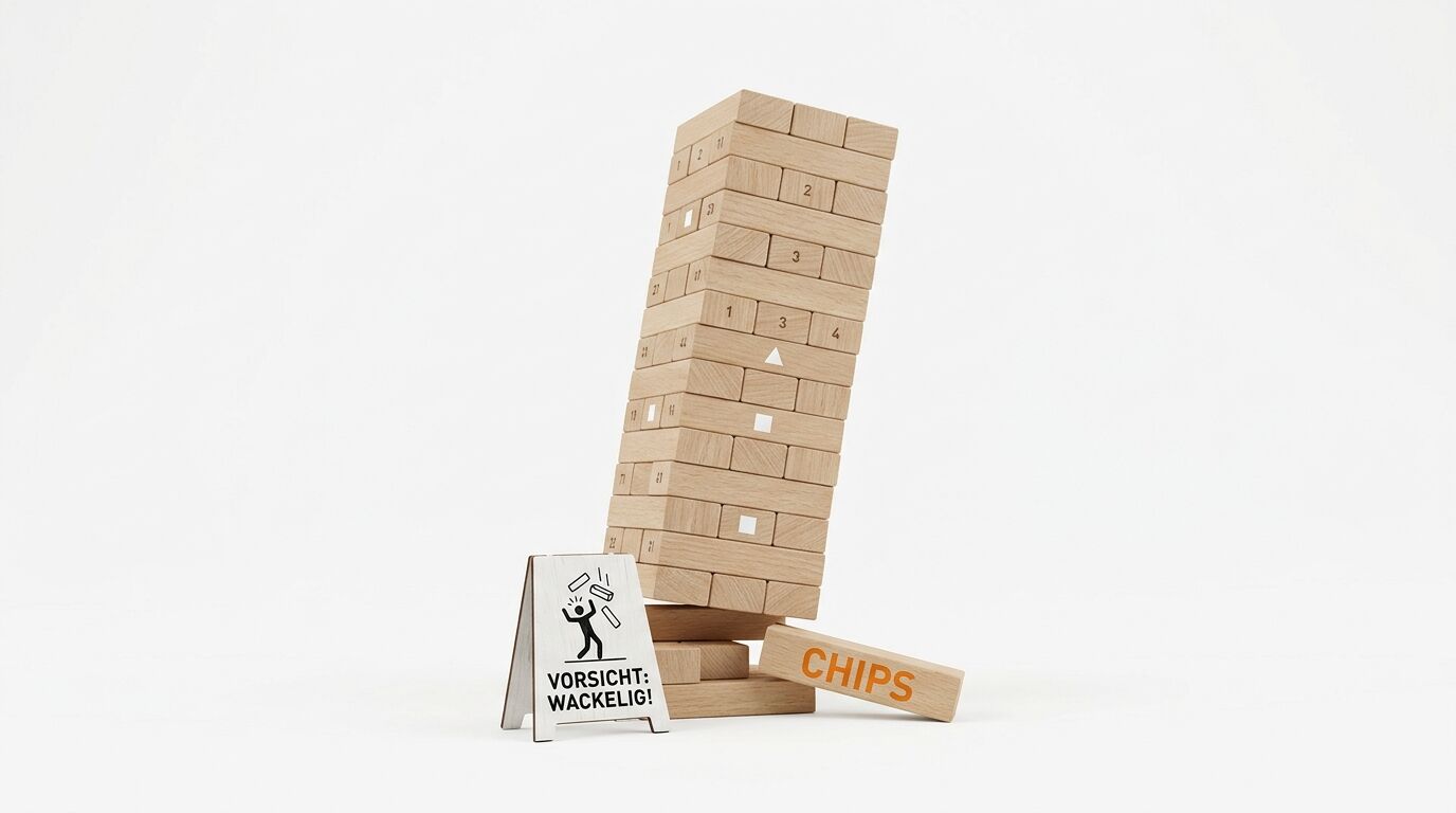 Ein wackeliger Holzturm auf weissem Grund mit Warnschild und einem Klotz, auf dem CHIPS steht