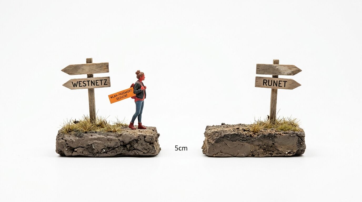 Modellminiatur mit Frau und Wegweisern „Westnetz“ und „Runet“, 5 cm Lücke, weißer Grund
