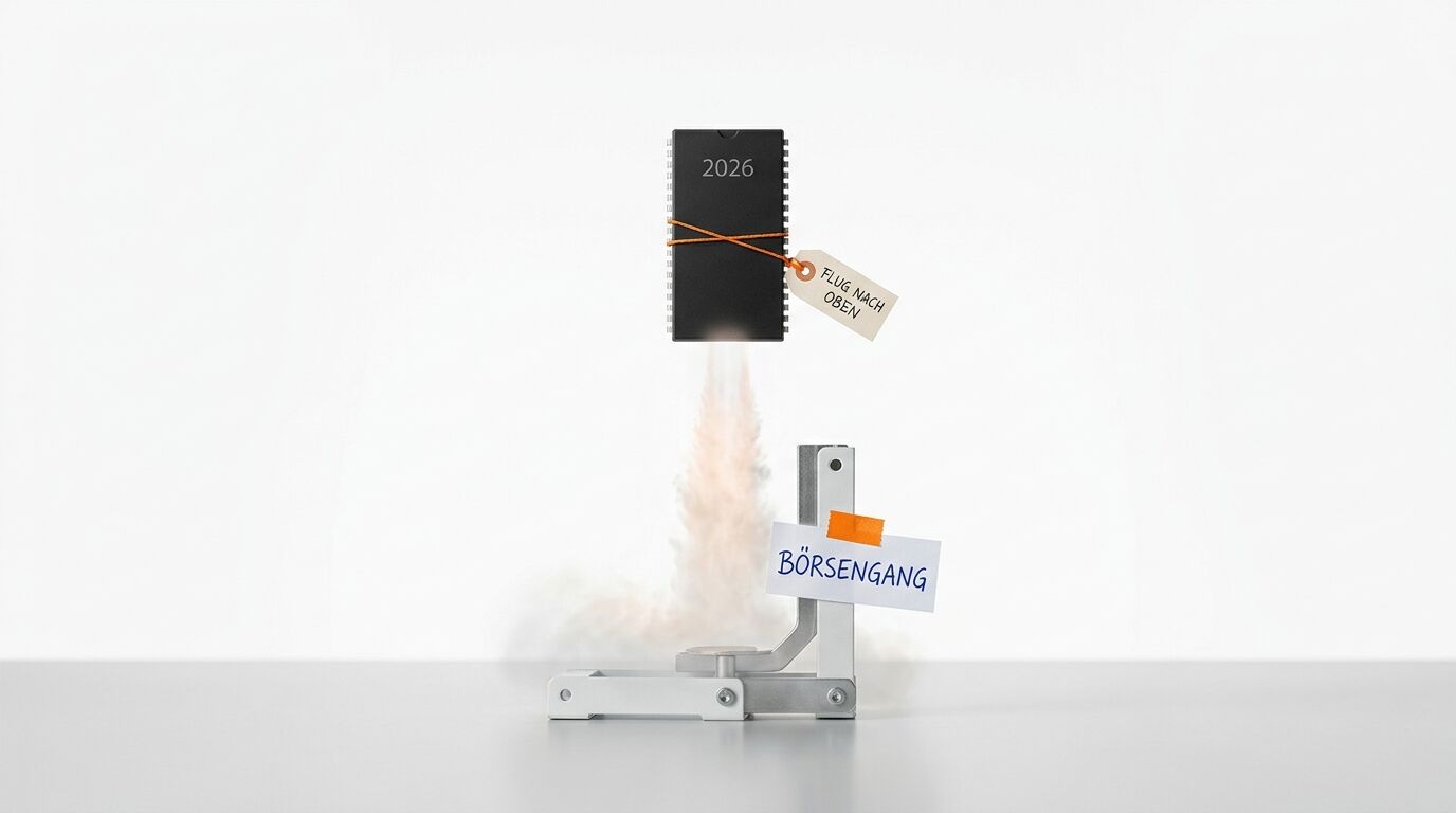 Abhebender Chip mit Jahreszahl „2026“ und Textanhänger, Rauchfahne, Startrampe mit Aufschrift „BÖRSENGANG“