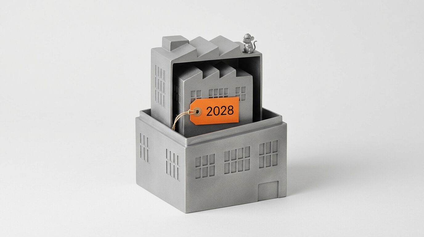Graues Fabrikmodell mit Maus, 2028-Anhänger und Sägezahndach, davor das geöffnete Unterteil