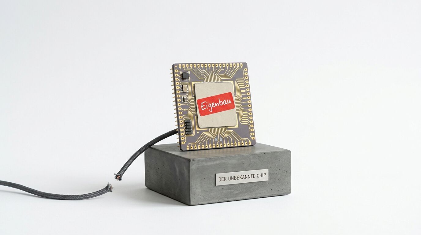 CPU-Chip mit rotem Aufkleber auf Betonsockel und gerissenem Kabel auf weißem Hintergrund
