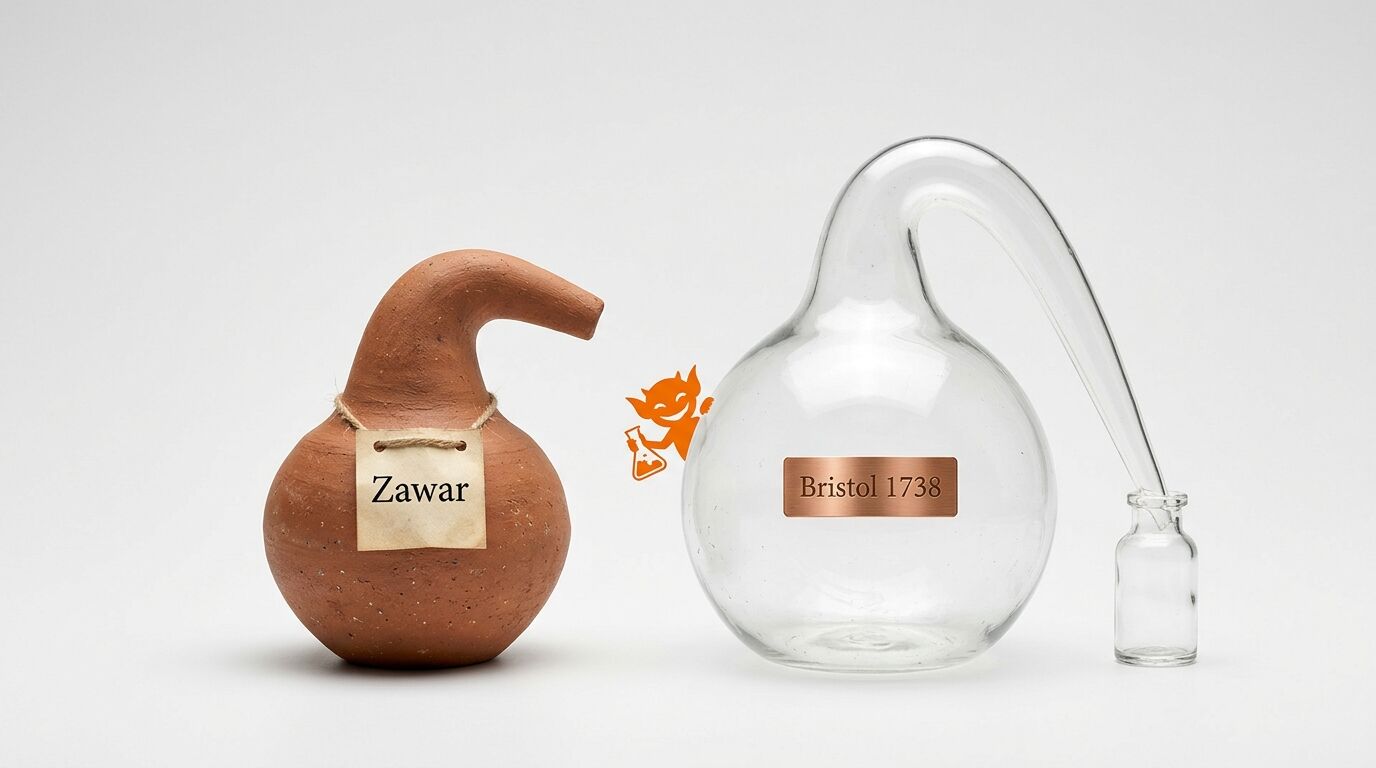 Zwei Alambics (Zawar-Ton, Bristol-Glas), Alchemistenteufel, Fläschchen vor weißem Hintergrund
