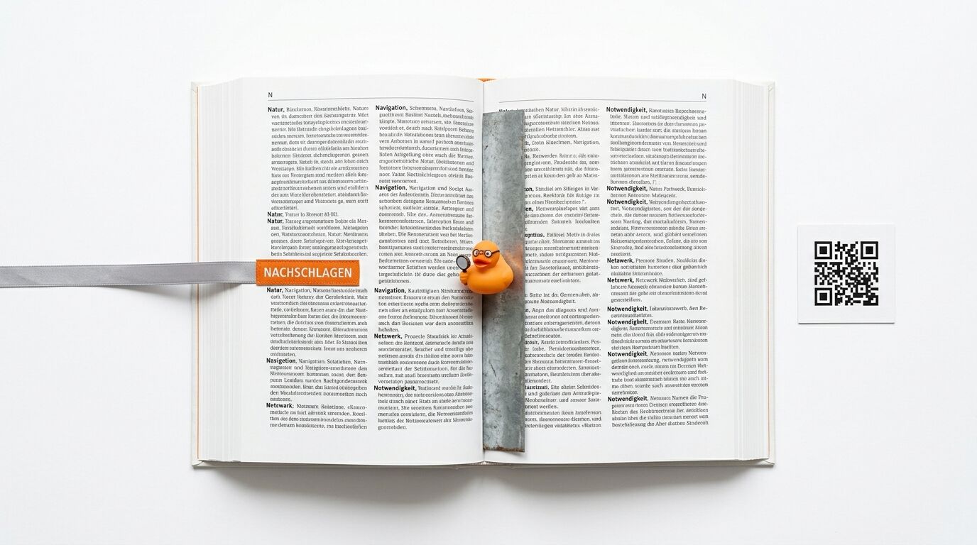 Aufgeschlagenes Buch mit Lesezeichen, Lupe, gelber Ente und QR-Code auf weißem Grund