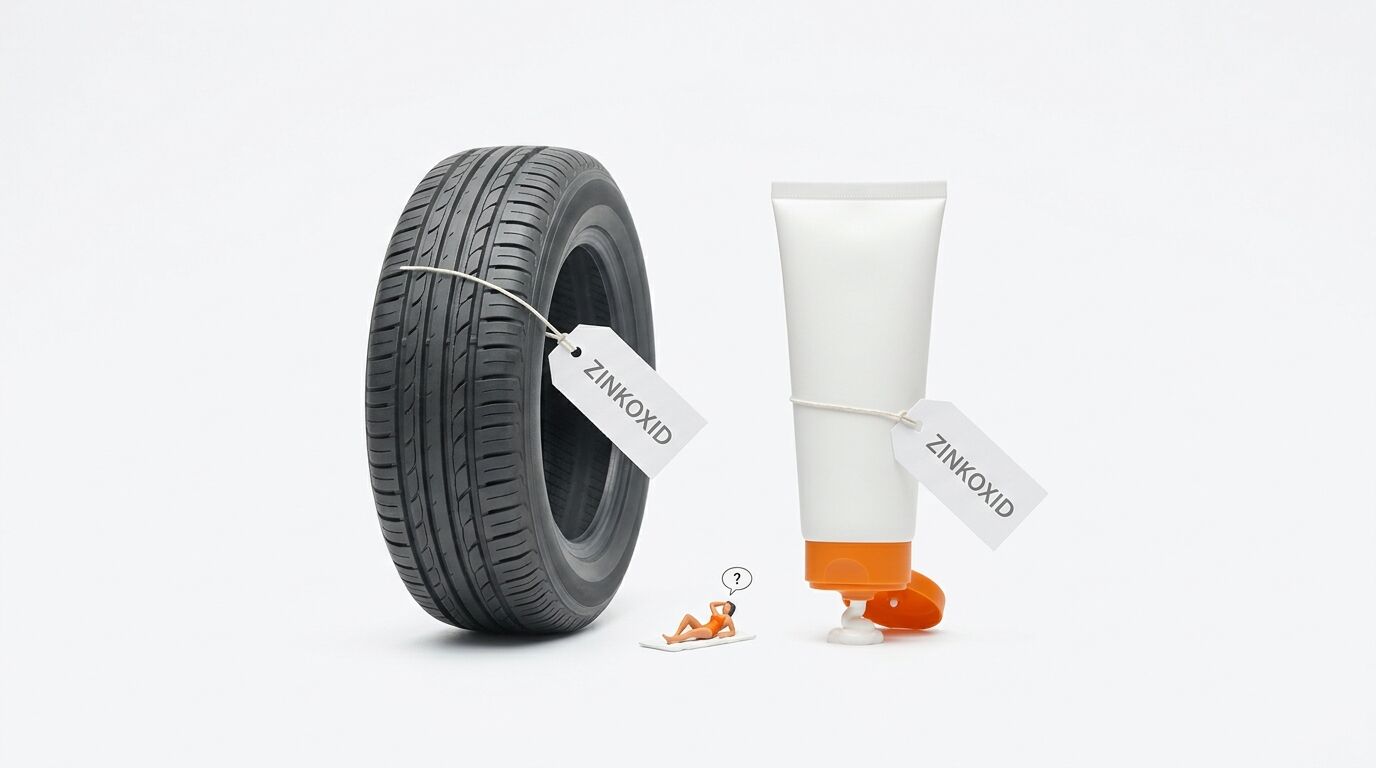 Autoreifen und Tube mit Creme, beide mit Etikett „ZINKOXID“, Miniaturfrau dazwischen
