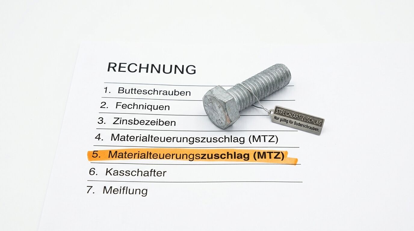 Rechnung mit Schraube, Anhänger und markiertem „Materialteuerungszuschlag (MTZ)“
