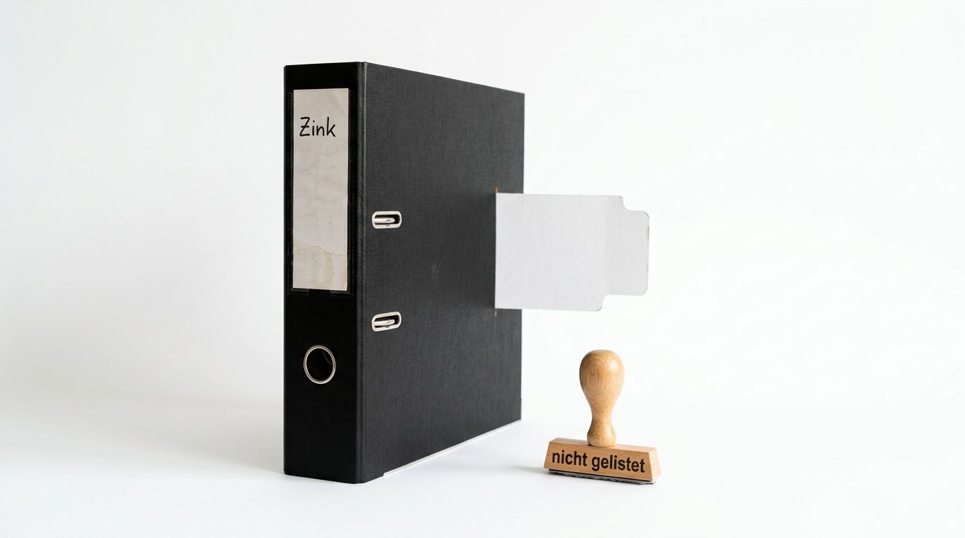 Schwarzer Ordner, beschriftet mit „Zink“, ein Stempel mit Aufschrift „nicht gelistet“