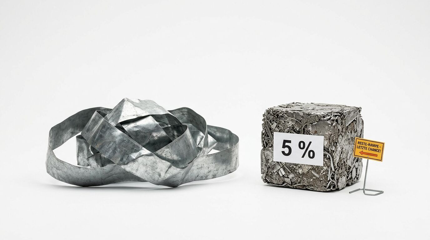 Verknäultes Metallband, Schrottwürfel mit „5%“-Schild und kleines „RESTE-RAMPE“-Schild daneben