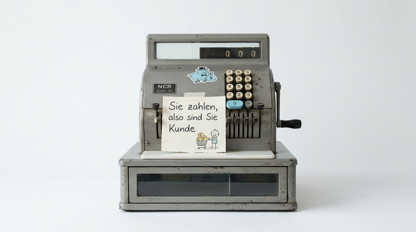 Alte Metallkasse mit Notiz „Sie zahlen, also sind Sie Kunde“ und Stickern