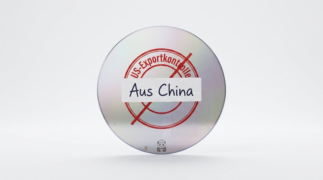 Wafer mit Stempel „US-Exportkontrolle“ und Aufkleber „Aus China“ vor weißem Hintergrund