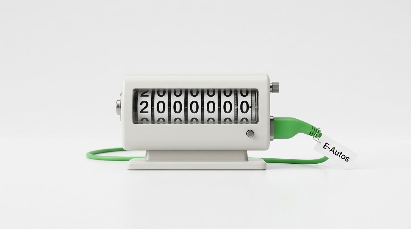 Ein weißer Zähler auf weißem Hintergrund zeigt 200.000, daneben ein Ladekabel mit „E-Autos“-Schild