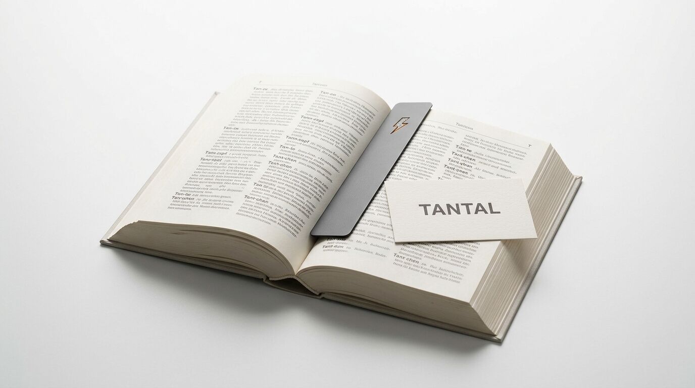 Aufgeschlagenes Buch mit Metalllesezeichen und Karte mit dem Wort