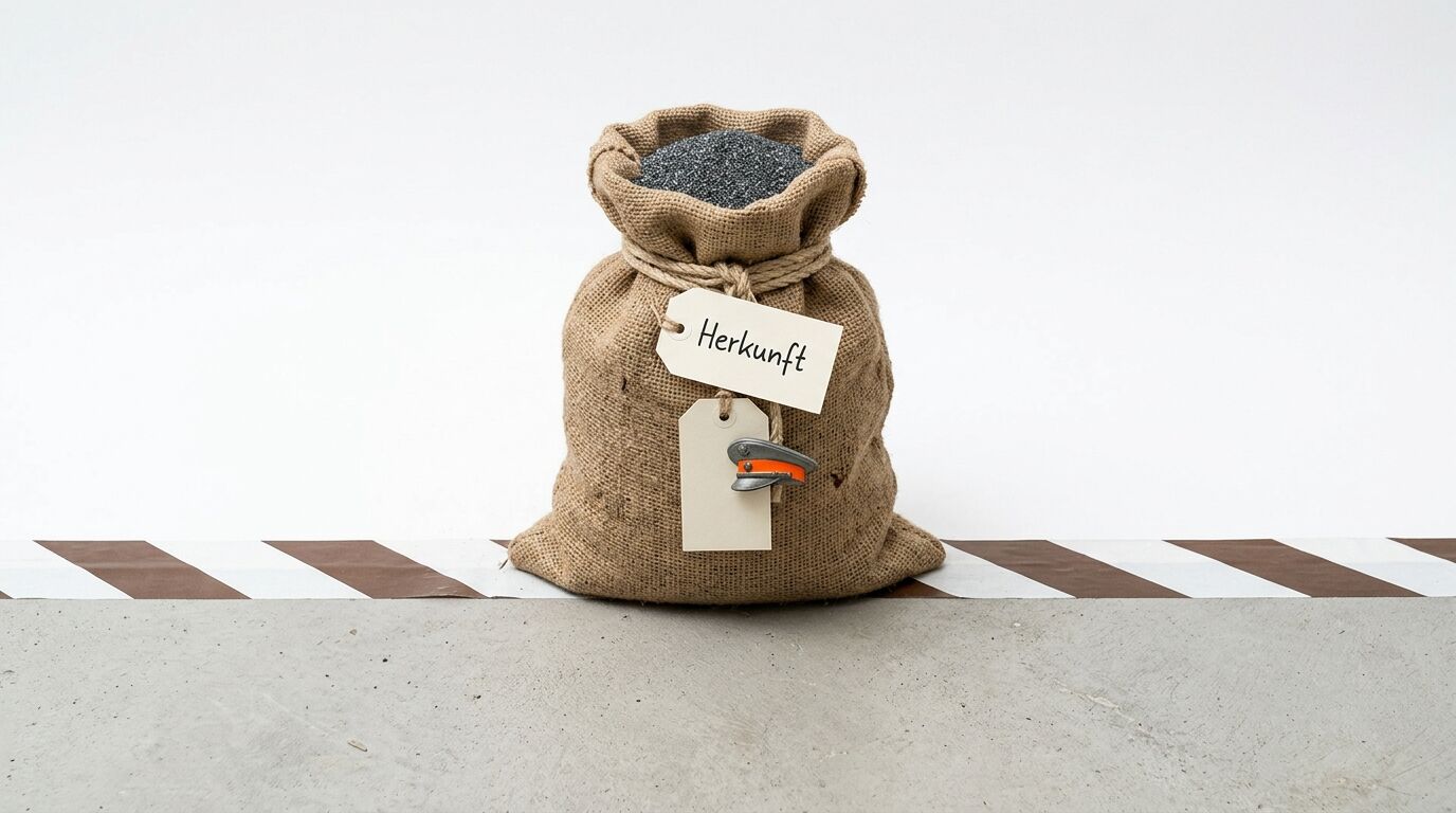 Jutesack mit Granulat, Etiketten (eines mit „Herkunft“) und Mütze auf Betonboden