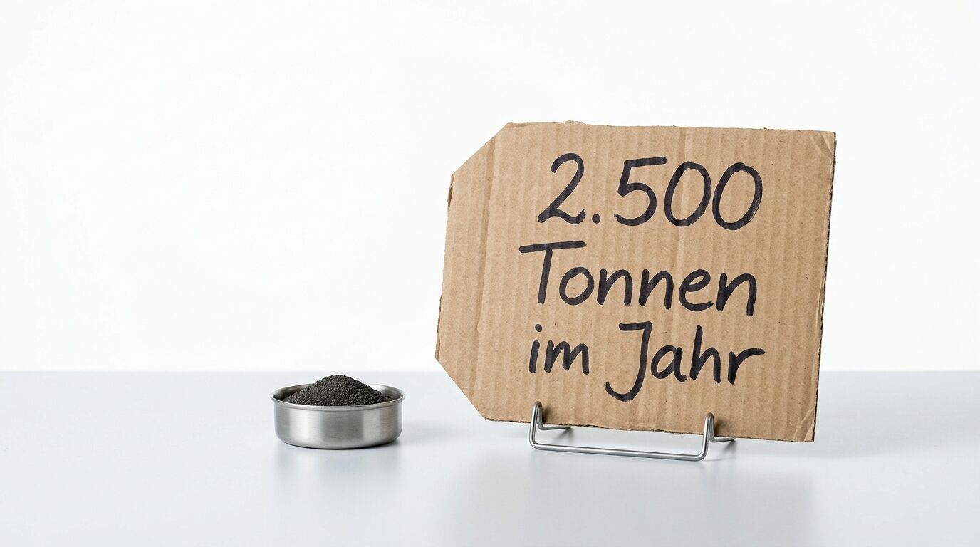 Pappschild mit Text „2.500 Tonnen im Jahr“ neben Schale mit dunklen Körnern