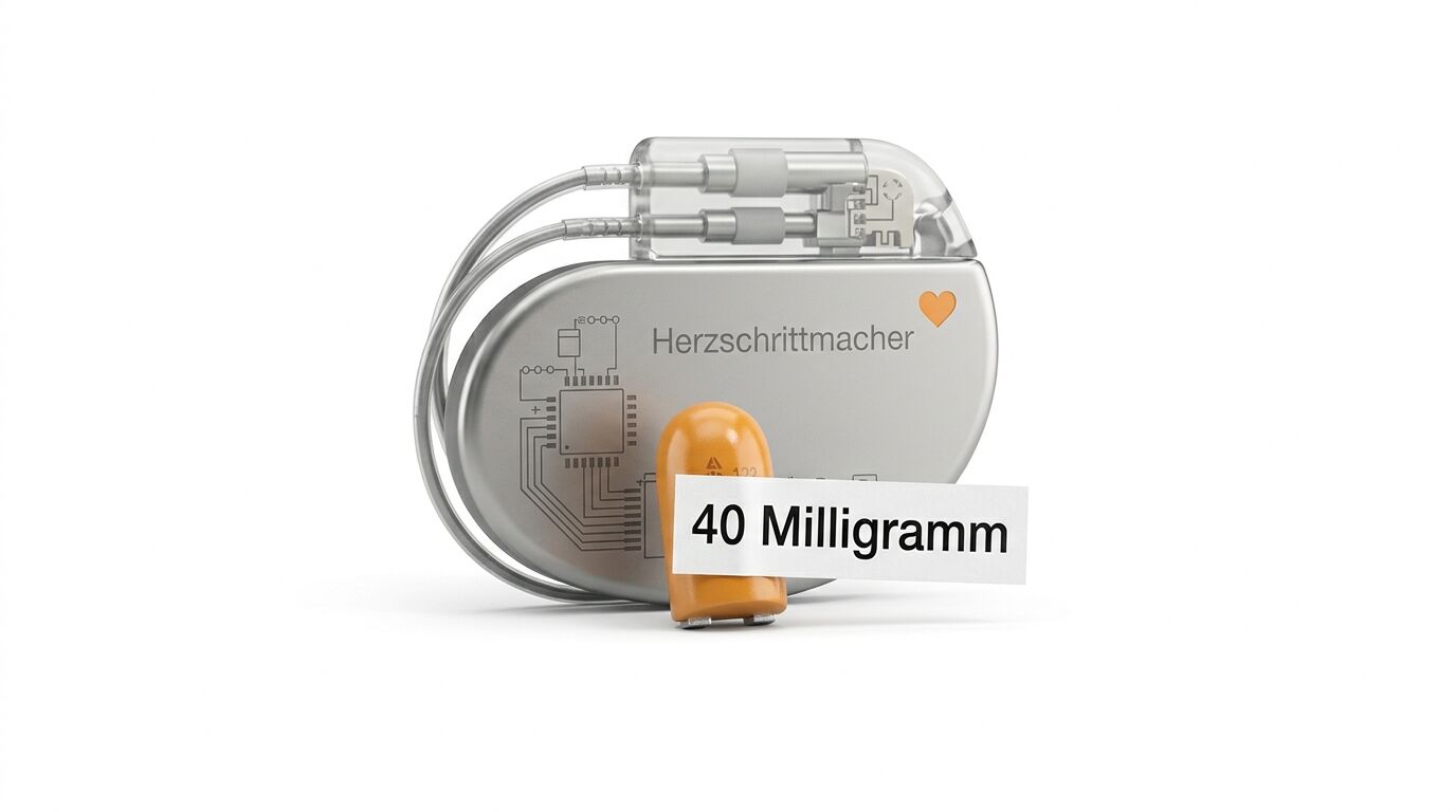 Ein Herzschrittmacher steht neben einer orangefarbenen Kapsel, mit dem Text „40 Milligramm“