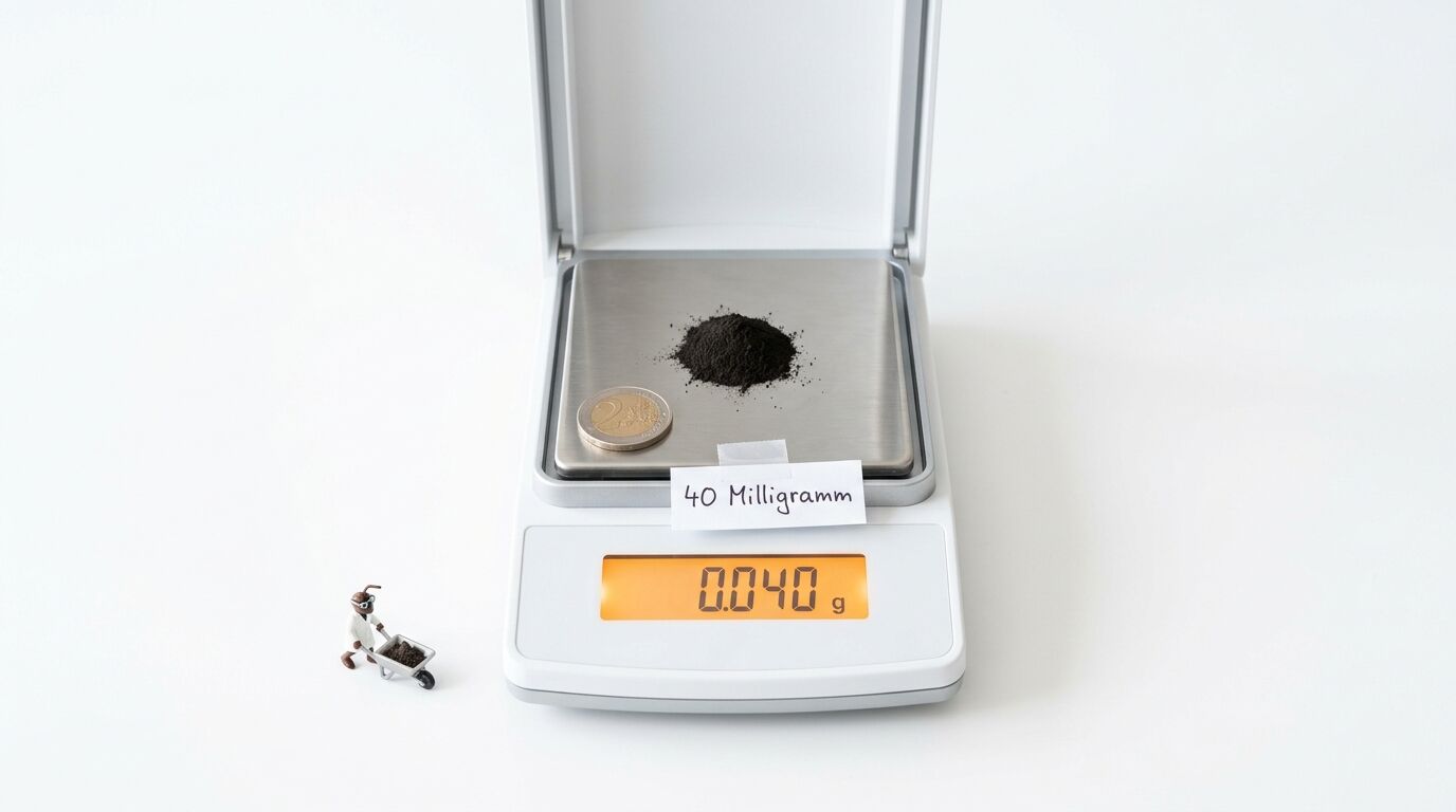 Digitalwaage mit 0,040 g Anzeige, Pulverhaufen, 2-Euro-Münze und Miniatur-Wissenschaftler