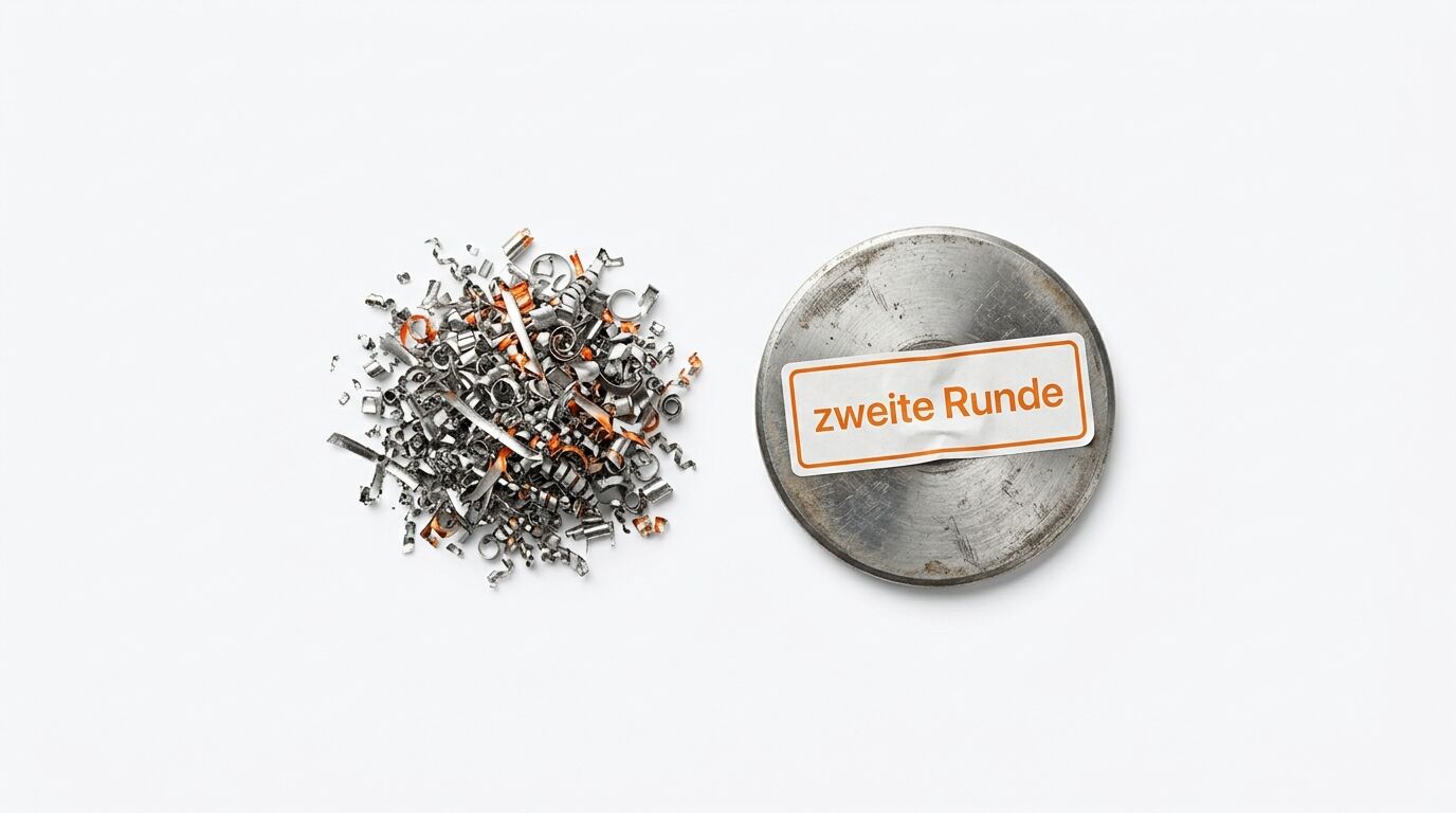 Metallspäne neben Metallscheibe mit Aufkleber „zweite Runde“ auf weißem Grund