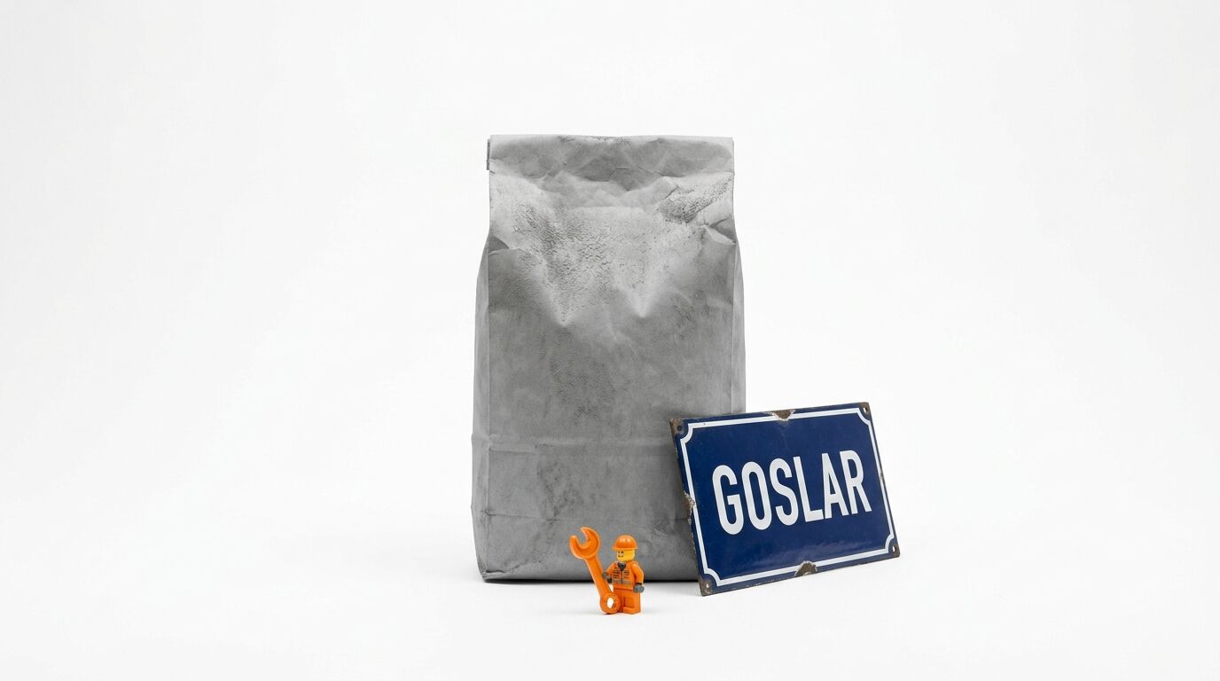 Zementsack, Lego-Bauarbeiter mit Schraubenschlüssel, blaues Schild
