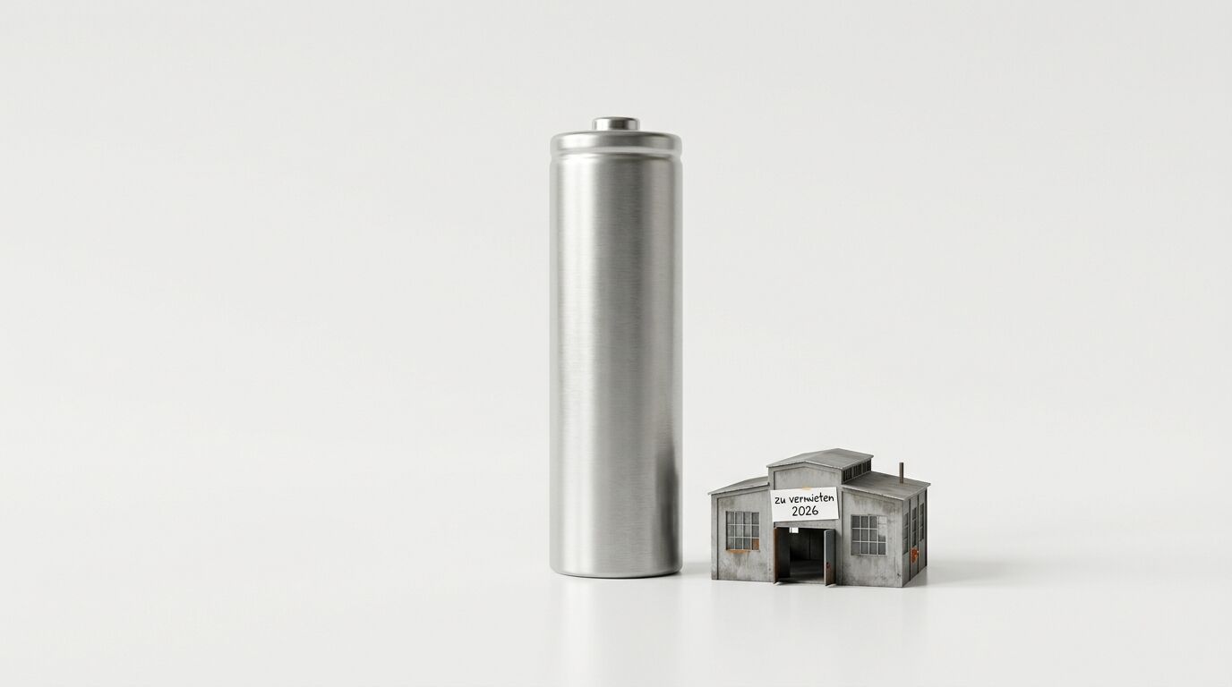 Große, metallische Batteriezelle neben Modell einer Lagerhalle mit