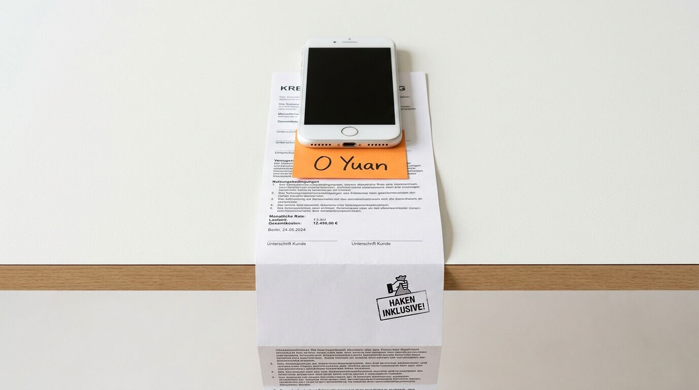 Smartphone auf Vertrag mit „0 Yuan“-Notiz und „Haken inklusive“-Stempel auf Holztisch