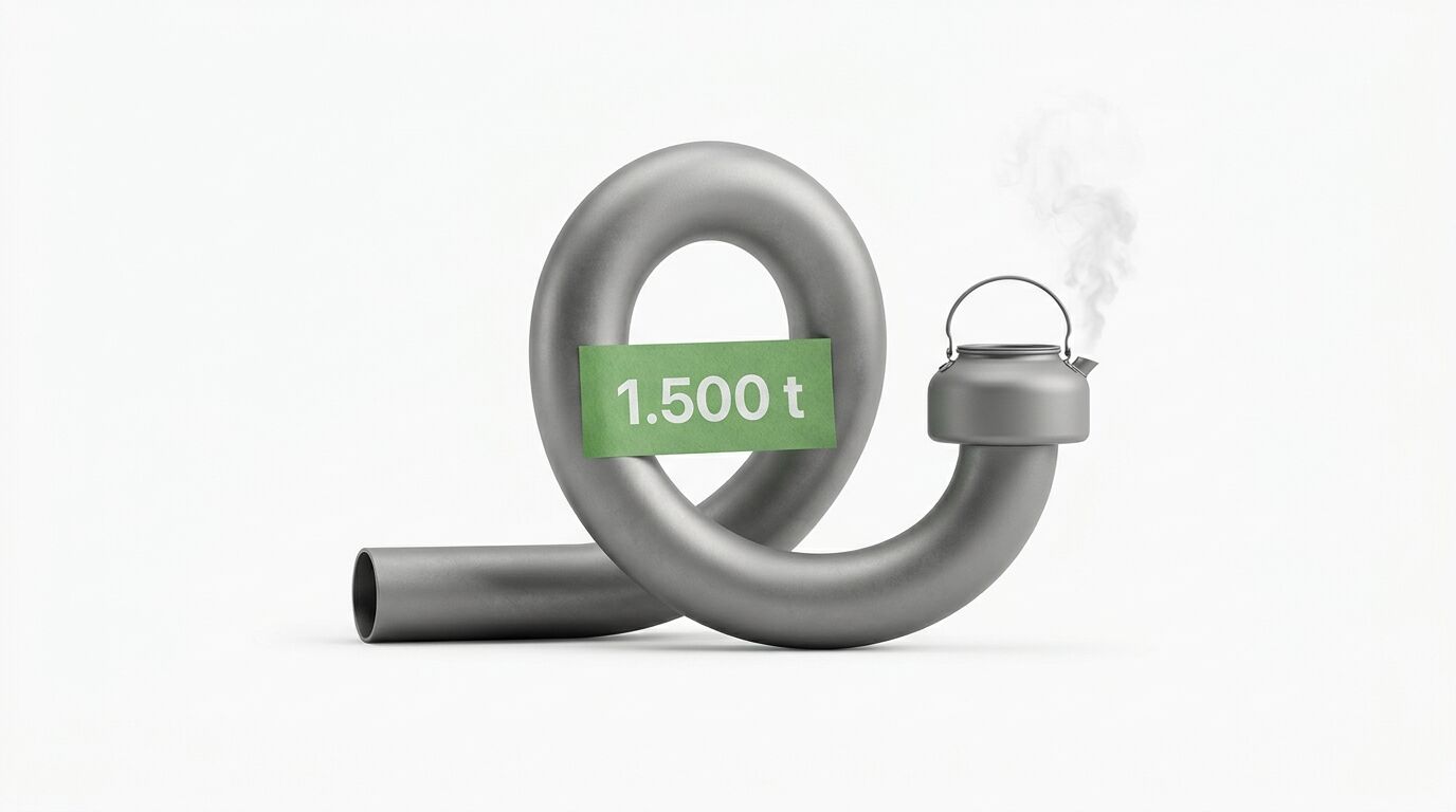 Gebogenes Metallrohr mit Schild (1.500 t) und dampfendem Teekessel auf weißem Grund