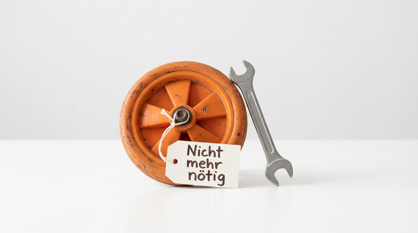 Oranges Rad mit Anhänger „Nicht mehr nötig“ und Schraubenschlüssel vor weißem Hintergrund
