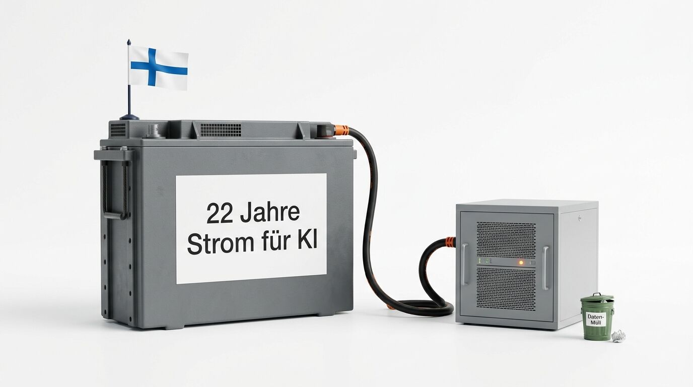 Batterie mit Finnland-Fahne versorgt Server per Kabel, Mülleimer daneben auf weiß