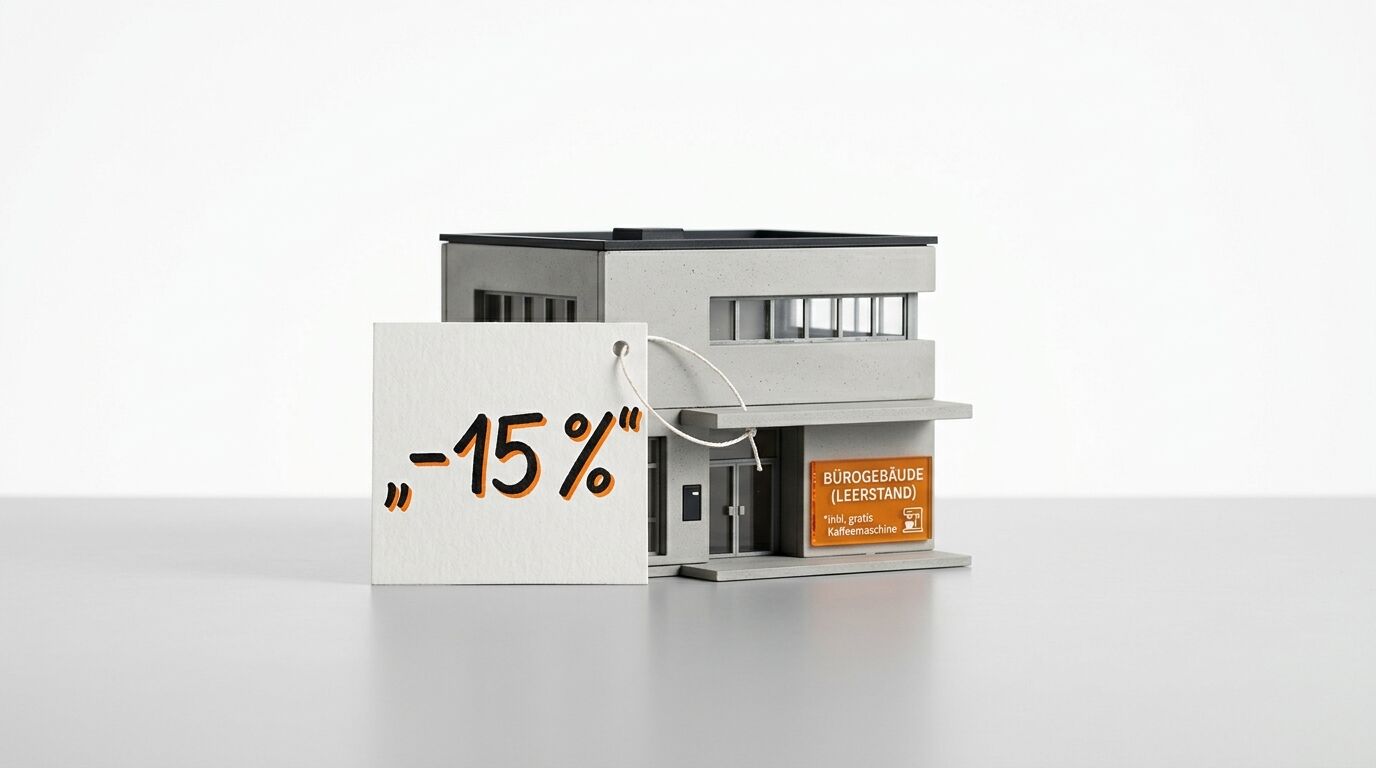 Modellgebäude im Bauhausstil mit einem Rabattschild: