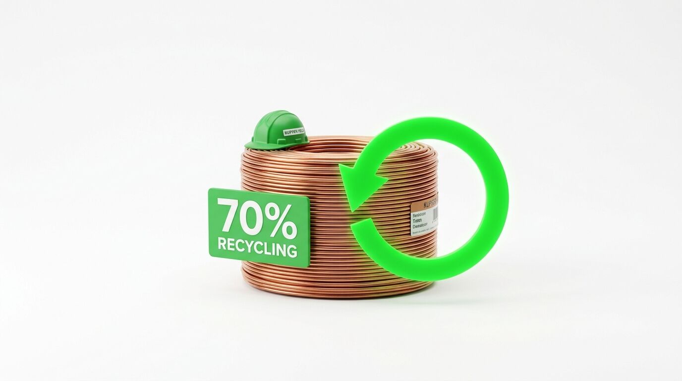 Kupferrolle mit Helm, Recycling-Symbol und Schild