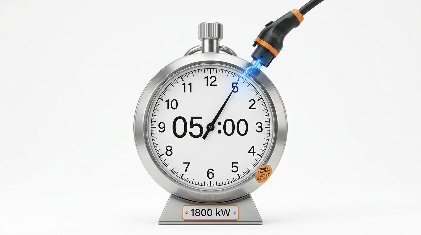 Stoppuhr mit Ladekabel zeigt 05:00, Basis zeigt 1800 kW, Symbol für Turbo-Laden
