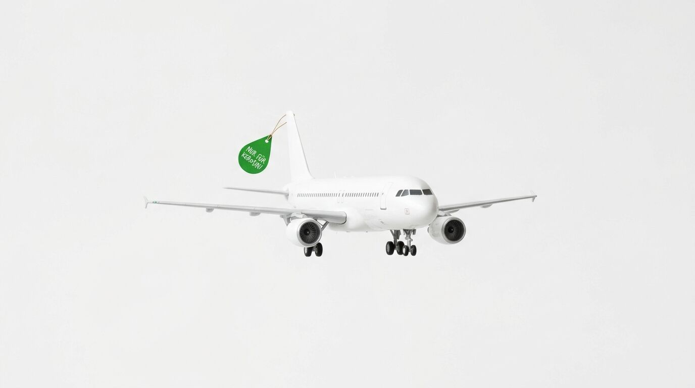 Weißes Flugzeugmodell mit grünem Anhänger vor grauem Hintergrund