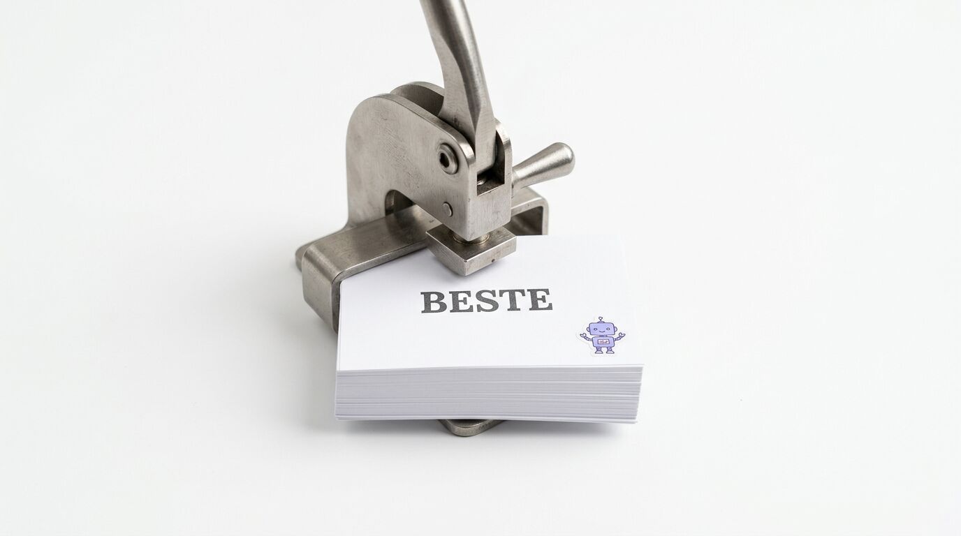 Eine Metallpresse stanzt ein Papierbündel mit der Aufschrift „BESTE“ und einem Roboter-Logo