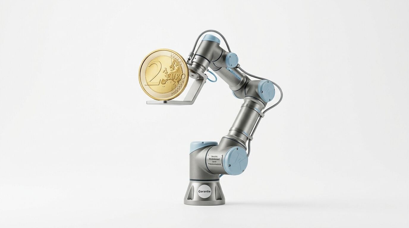 Ein silberner Roboterarm hält eine 2-Euro-Münze auf einer Fläche, vor weißem Hintergrund