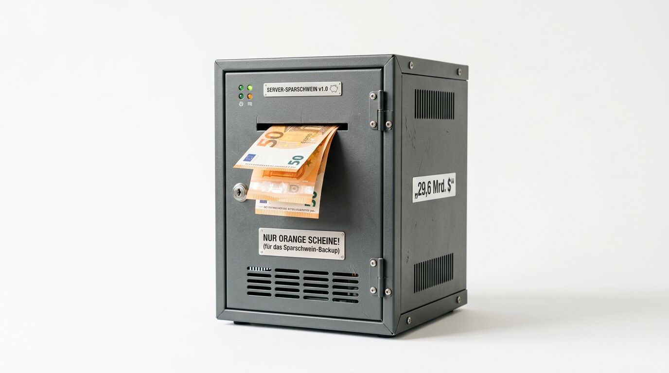 Grauer Tresor mit Geldscheinen, Aufschrift „Server-Sparschwein“ vor weißem Hintergrund