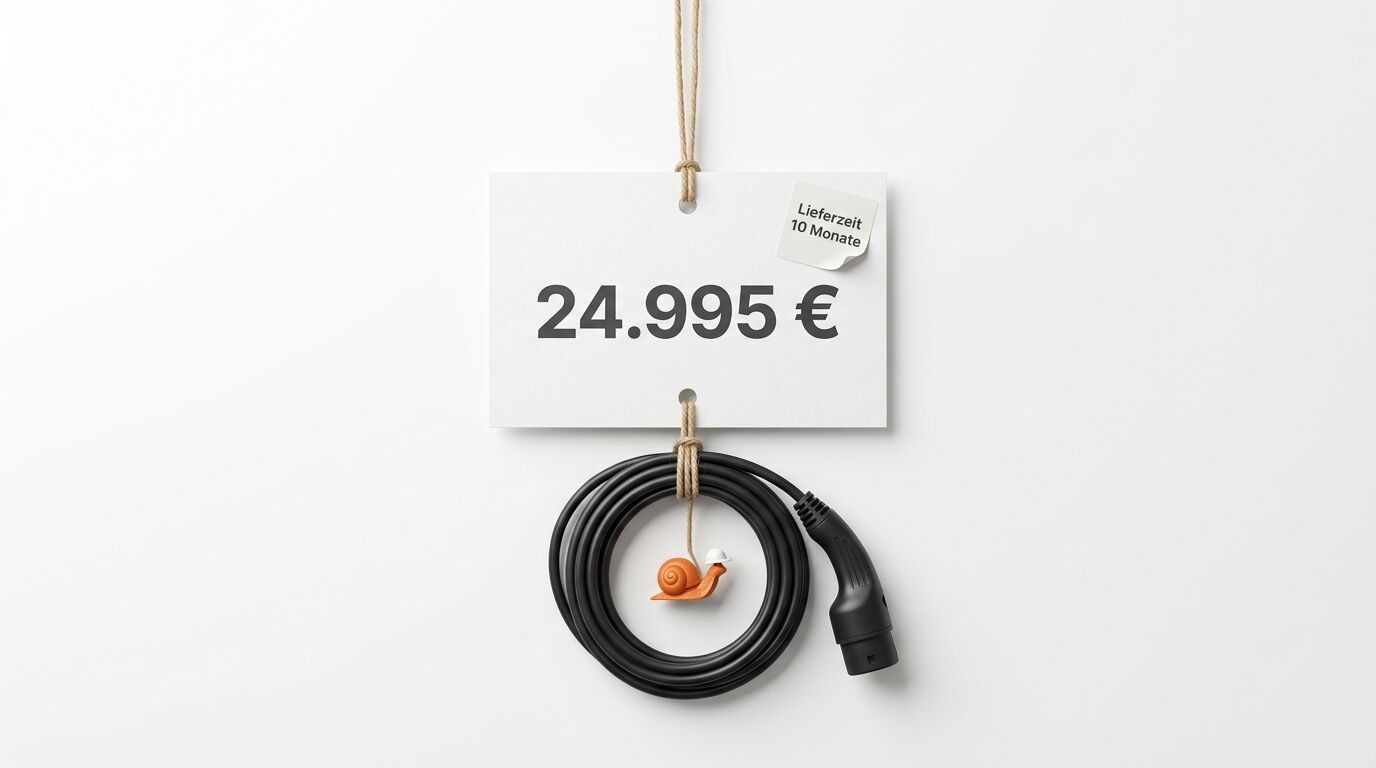Ladekabel mit Preisschild und Schnecke, Symbol für lange Lieferzeit