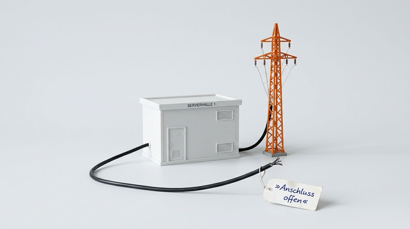 Miniaturgebäude „Serverhalle 1“, Strommast, loses Kabel mit Etikett „Anschluss offen“ auf grauem Grund