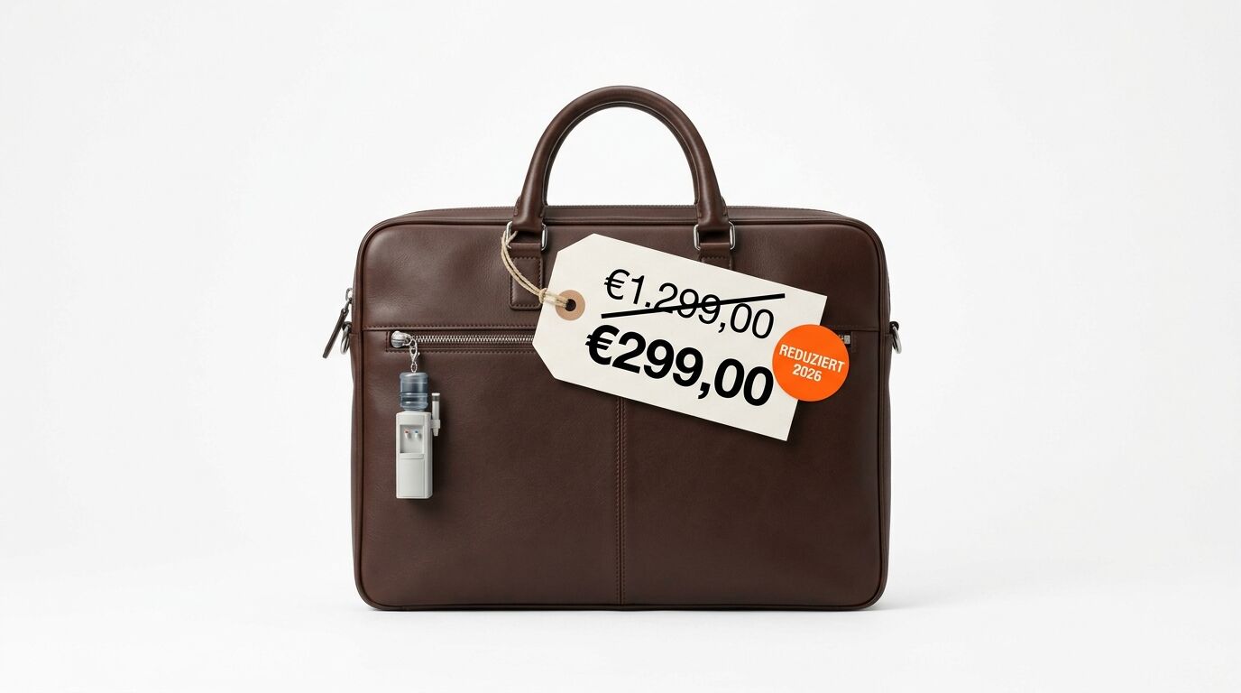 Braune Ledertasche mit reduzierten Preisschildern und Sicherungsetikett auf weißem Grund