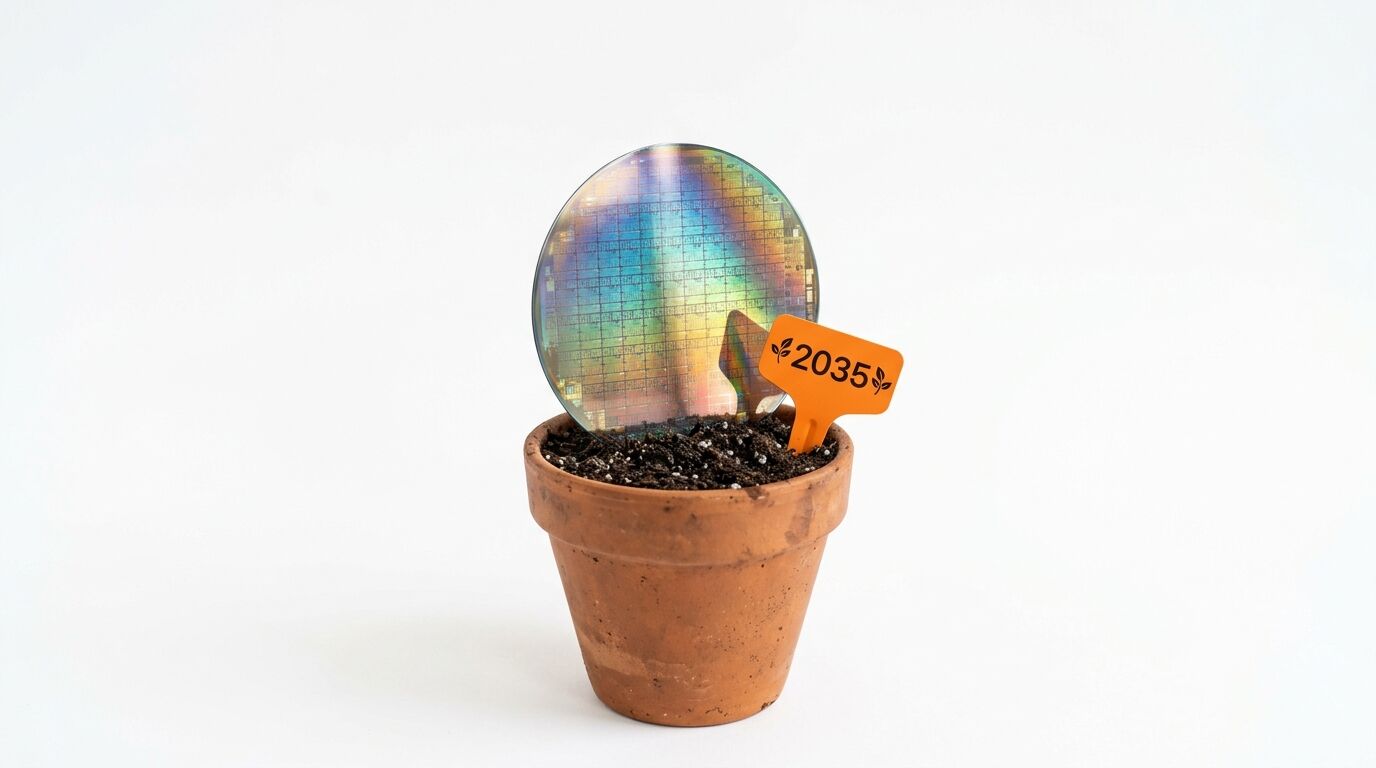 Ein Wafer in einem Blumentopf mit einem Etikett „2035“ auf weißem Hintergrund
