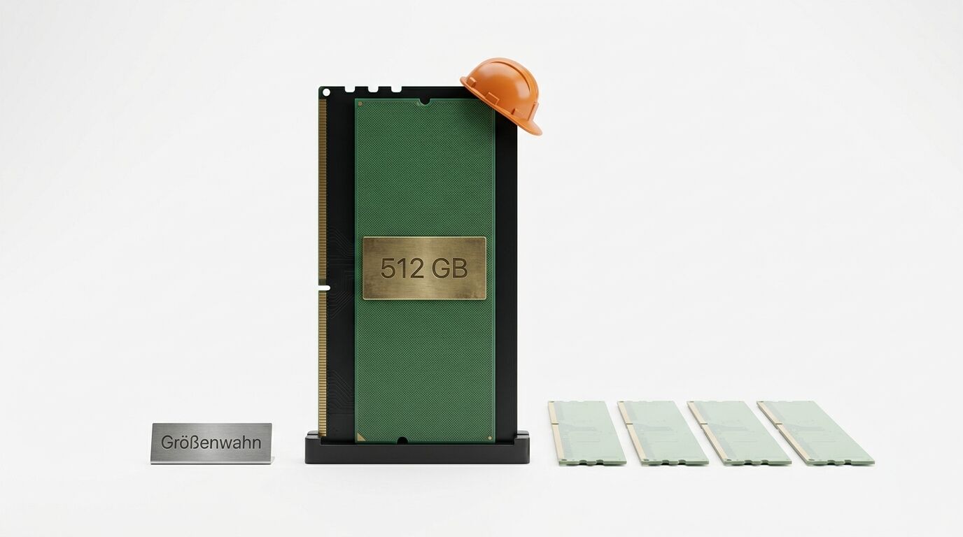 Riesen-RAM-Riegel mit 512 GB-Plakette, Bauhelm und Schild „Größenwahn“ vor vier normalen Riegeln