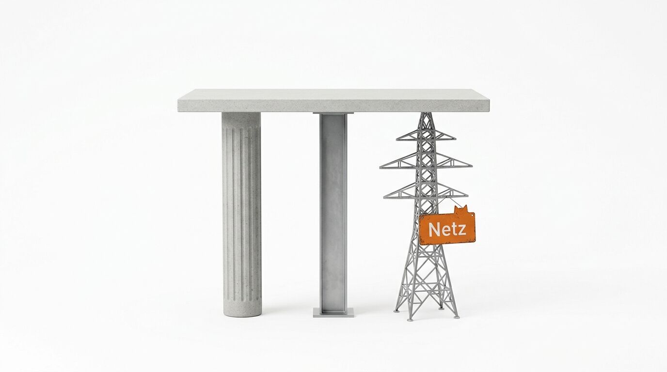 Eine Betonplatte wird getragen von einer Säule, einem I-Träger und einem Strommast mit „Netz“-Schild