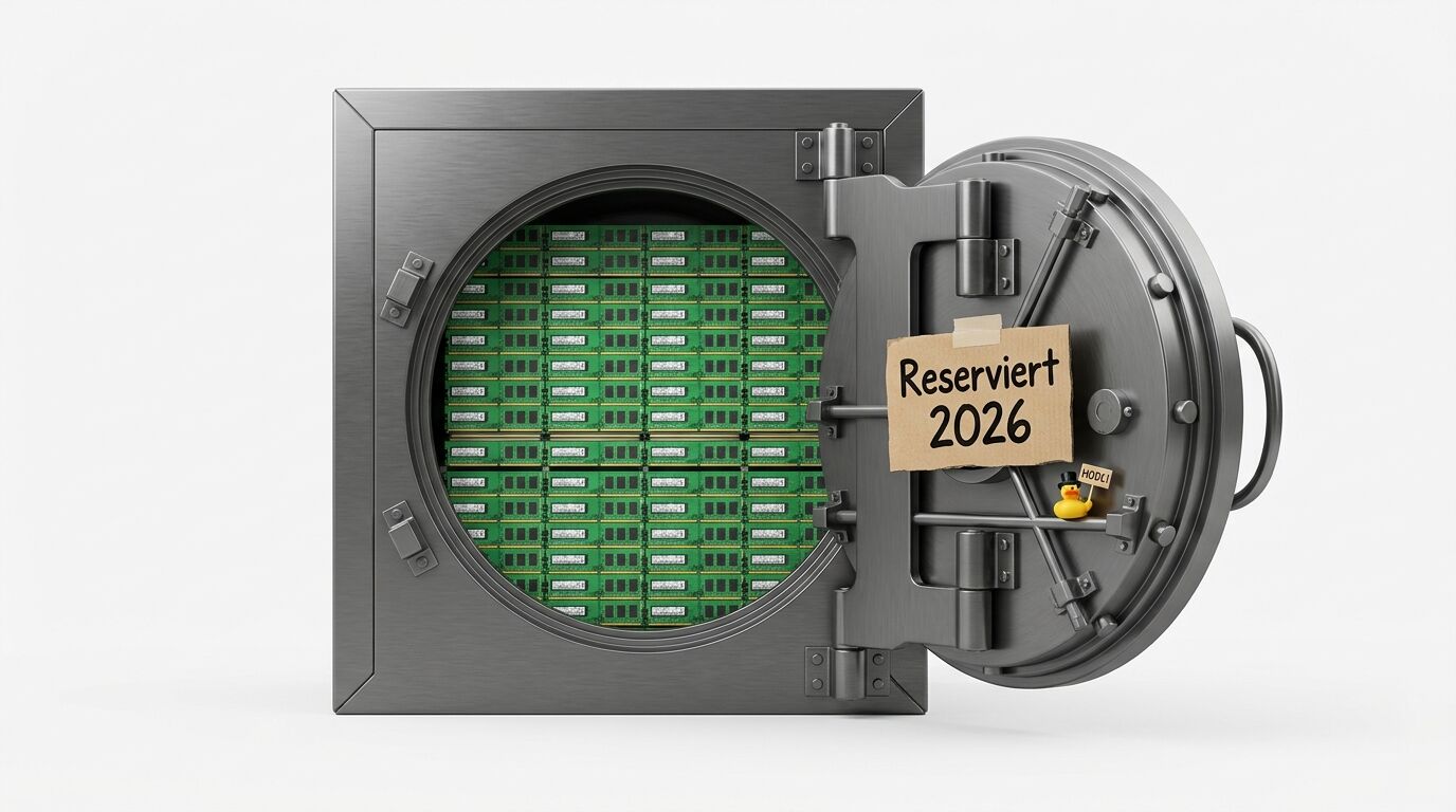 Offener Tresor mit Silizium-Wafer, Badeente und Schild „Reserviert 2026“