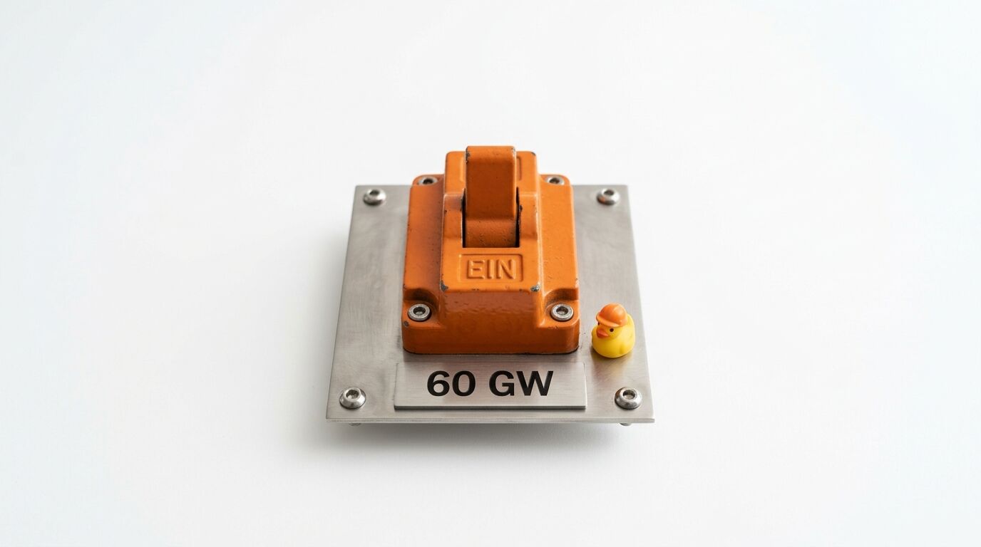 Oranger Schalter (EIN) auf Stahlplatte mit 60 GW Schild und kleiner Ente, weißer Hintergrund
