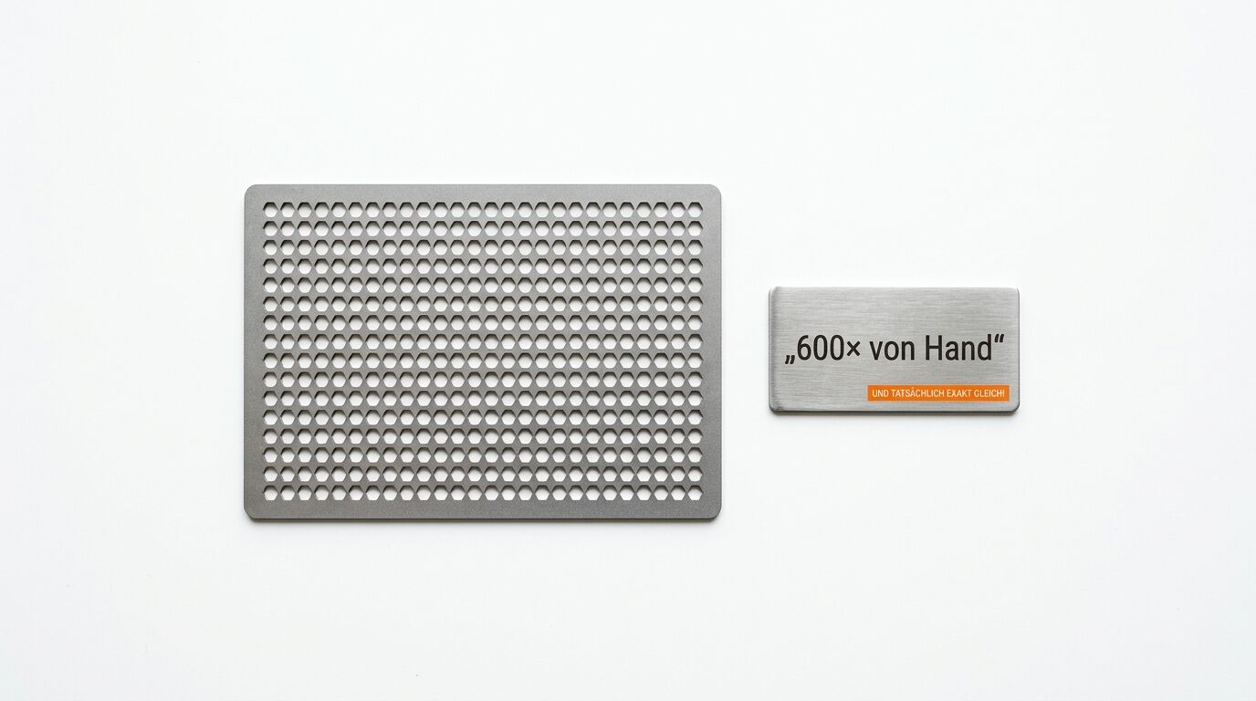 Graues Lochblech und gravierte Metallplatte „600× von Hand“ auf weißem Grund