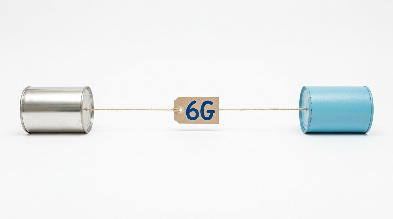 Zwei Konservendosen sind durch eine Schnur mit einem „6G“-Schild verbunden